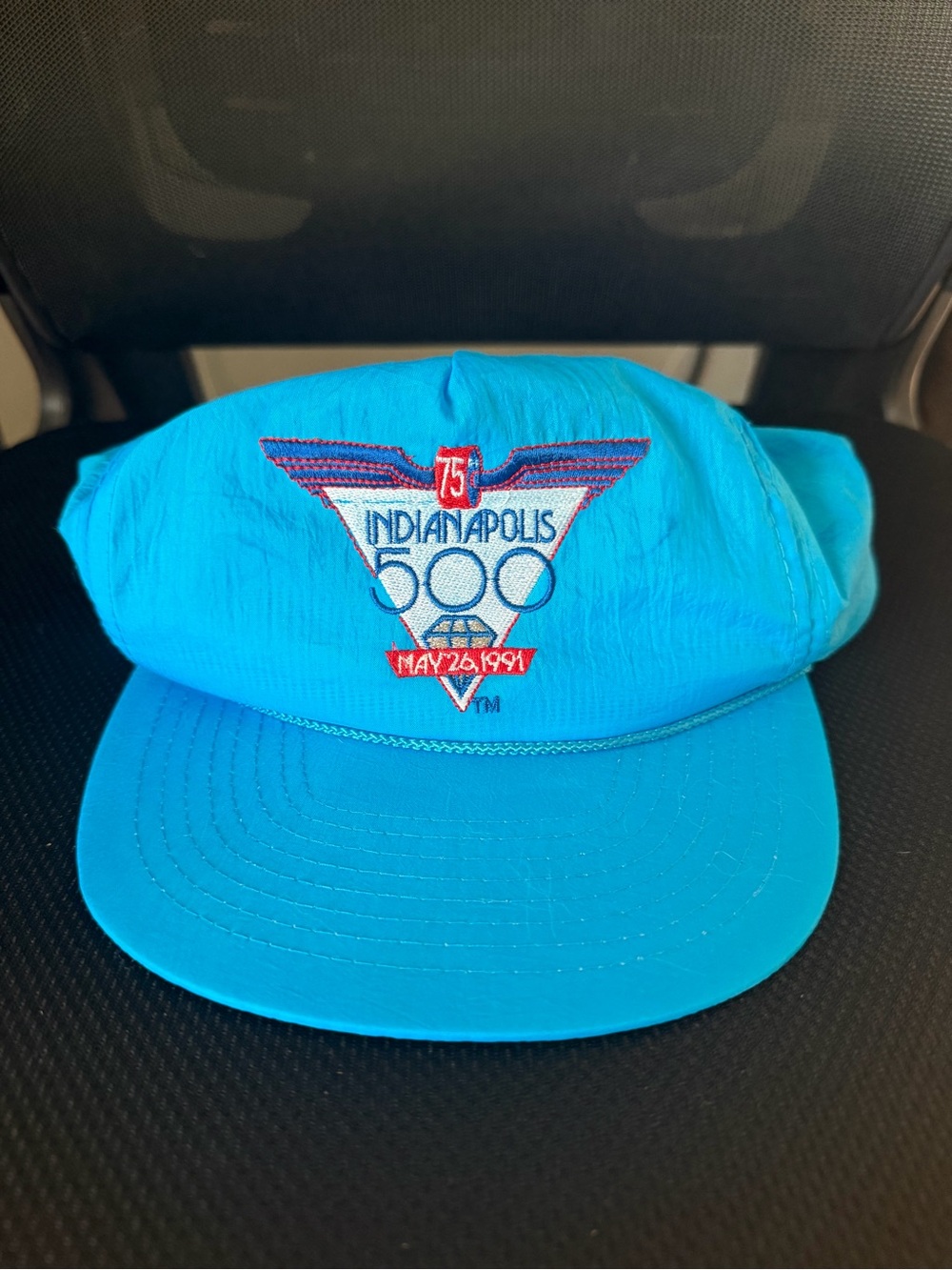 Vintage 1991 Indianapolis 500 75th Anniversary Neon Blue Rope Trucker Hat